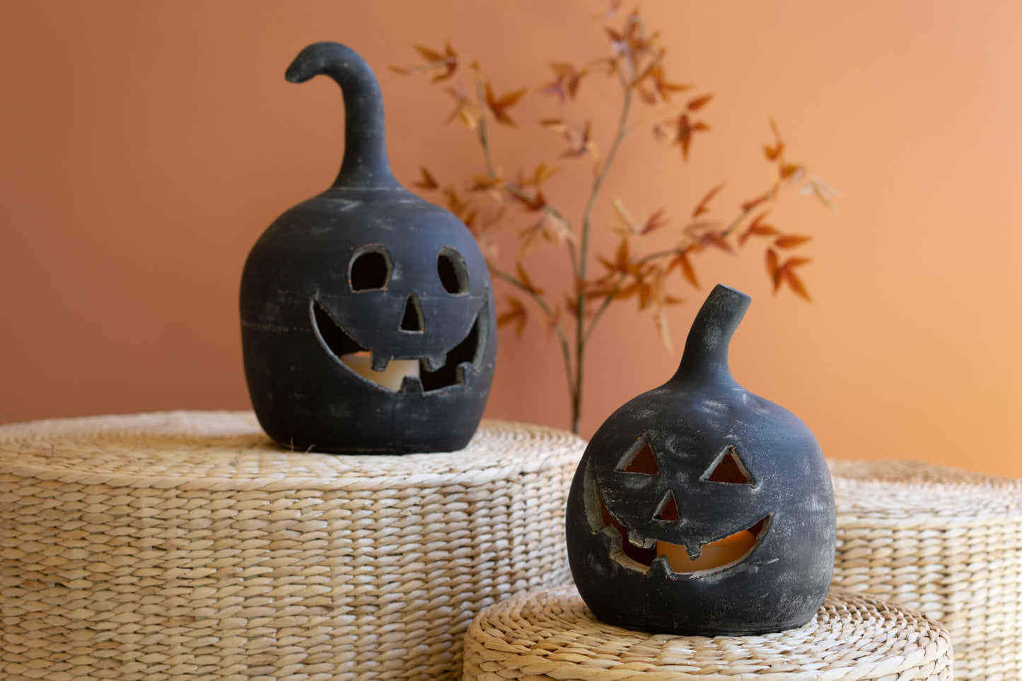 Black Clay Jack-O-Lanterns - Set of 2