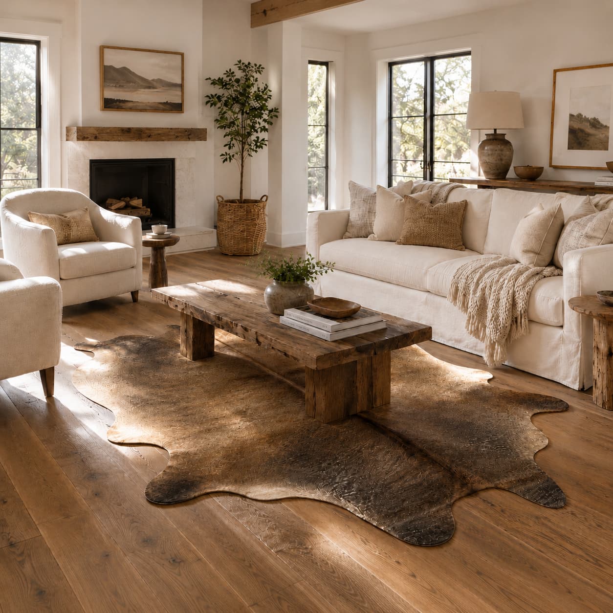 A styled living room interior with a large natural cowhide rug on a hardwood floor, a rustic wooden coffee table, cream upholstered seating, a fireplace, and neutral decor.