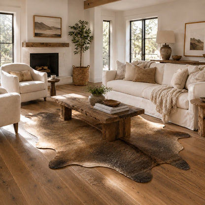 A styled living room interior with a large natural cowhide rug on a hardwood floor, a rustic wooden coffee table, cream upholstered seating, a fireplace, and neutral decor.
