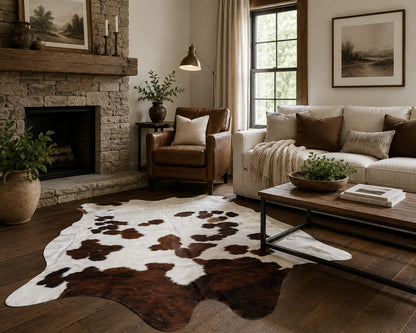 Cozy living room with a stone fireplace, armchair, and cowhide rug.