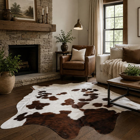 Cozy living room with a stone fireplace, armchair, and cowhide rug.