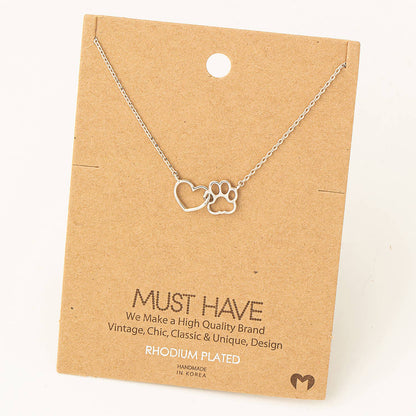 Dog Paw Heart Cutout Pendant Necklace: Gold