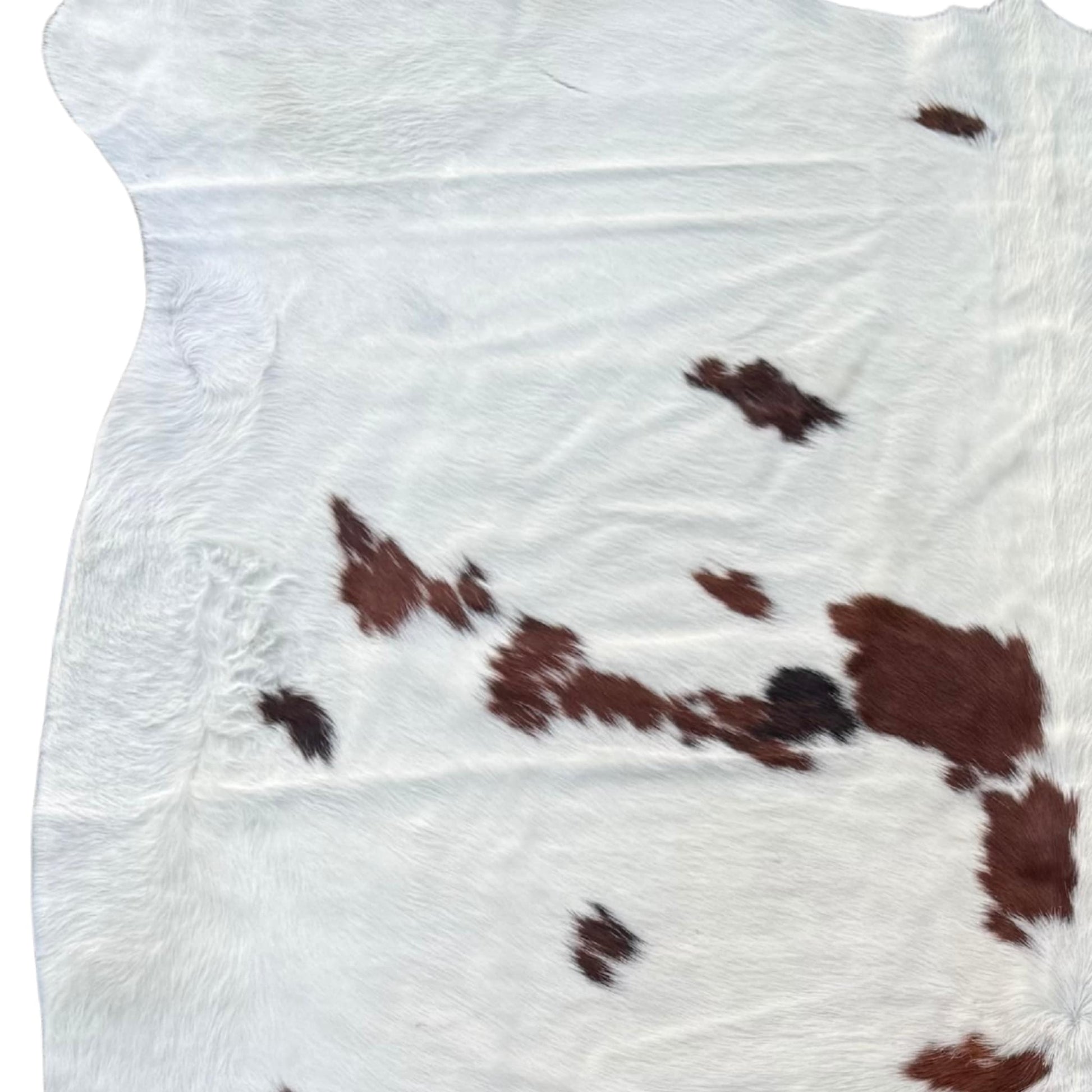 Cowhide rug with brown and black spots on a white background