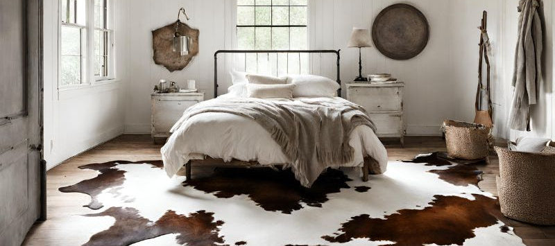 cowhide_rug_in_bedroom_-_modern_rustic_bedroom_style