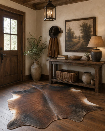 Rustic interior with wooden door, rug, and wall art