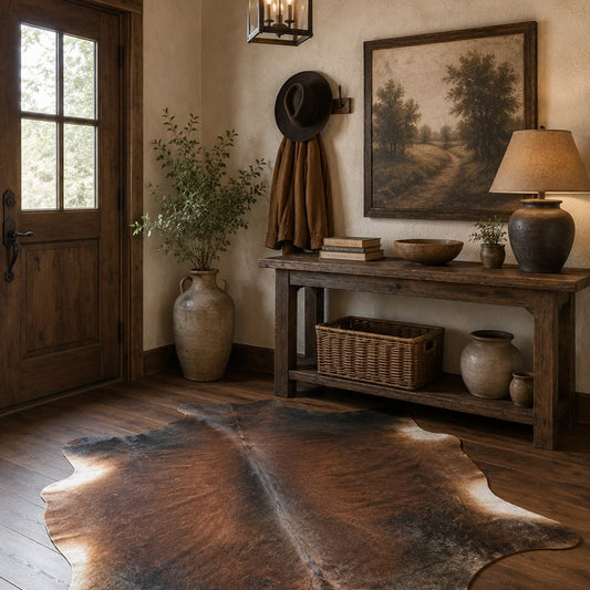 Rustic interior with wooden door, rug, and wall art