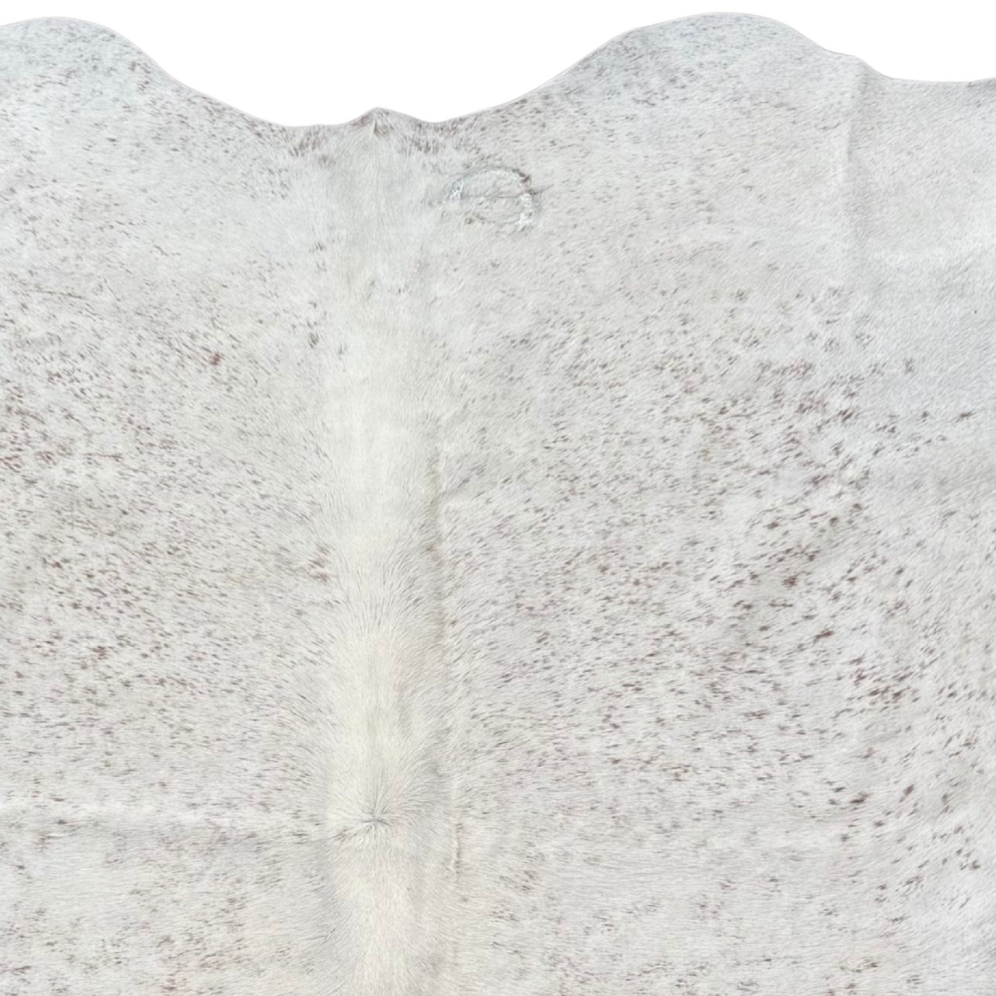 Close-up  white and lightly peppered with brown cowhide rug with G brand