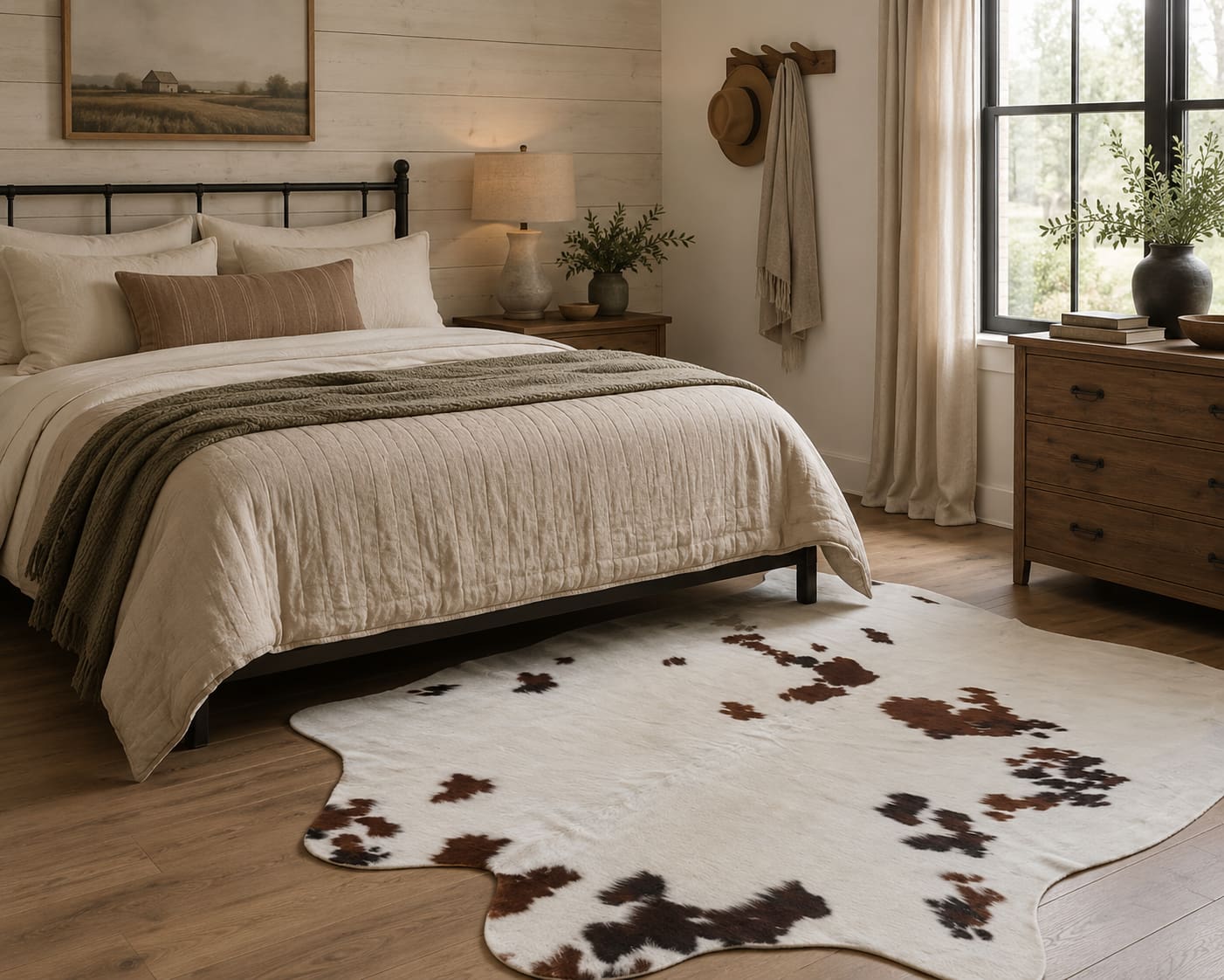 Bedroom with a cowhide rug, bed, and dresser.