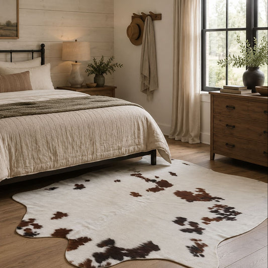 Bedroom with a cowhide rug, bed, and dresser.