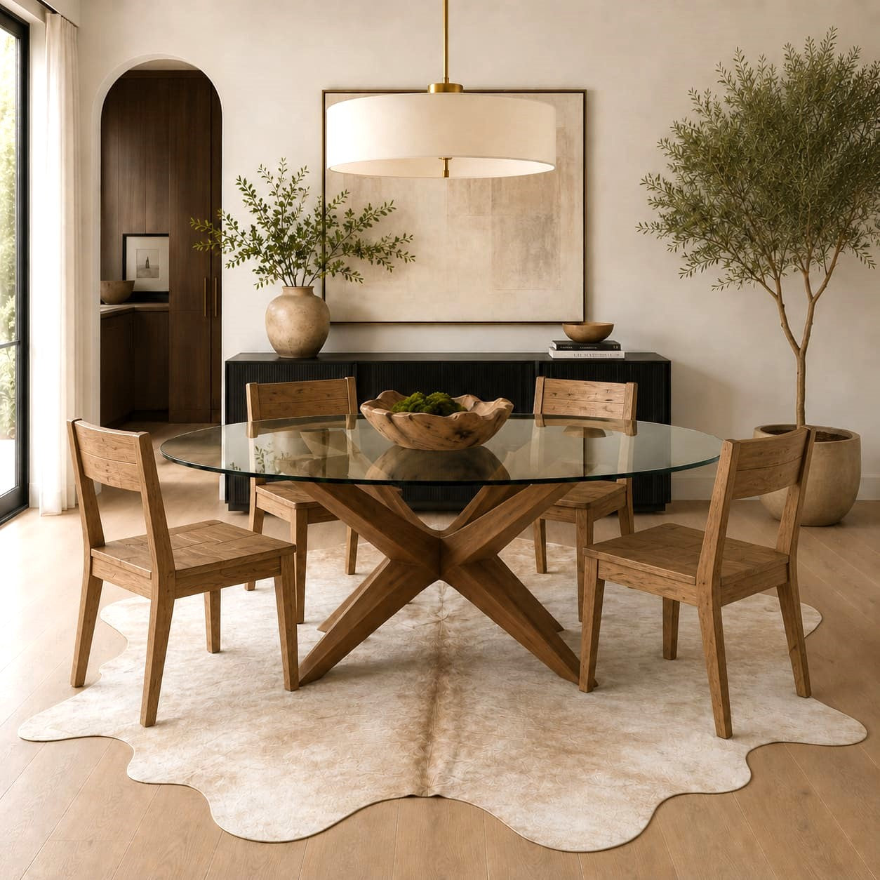 A modern dining room scene featuring a round glass-top table with a wooden X-shaped base, surrounded by four light wood chairs on a white cowhide rug. The room is styled with a black sideboard, a large canvas print, a pendant light, and potted trees.