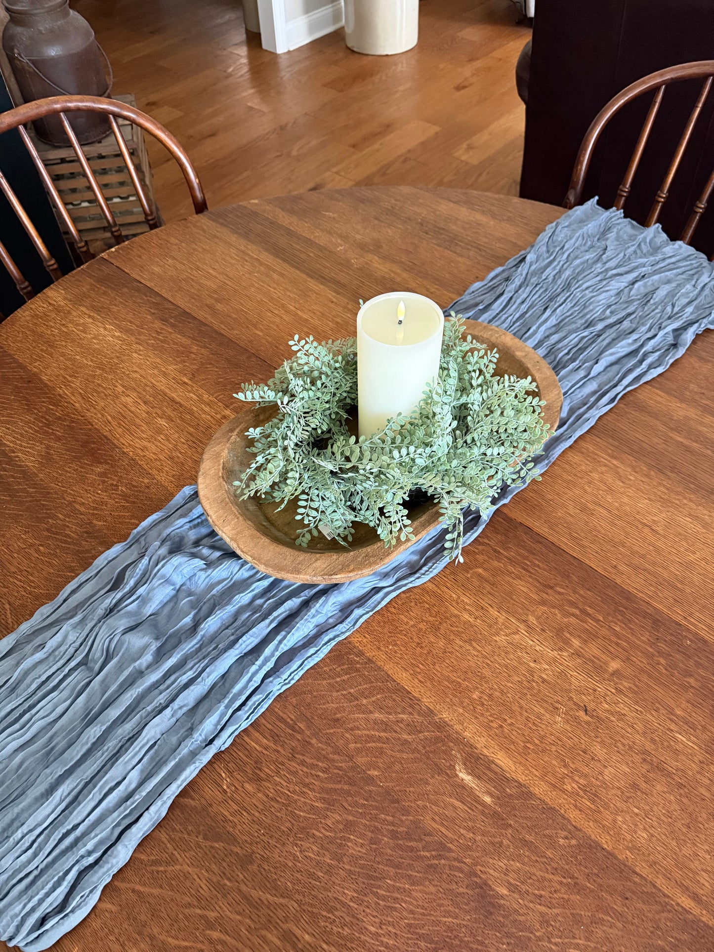dusty blue table runner and dough bowl