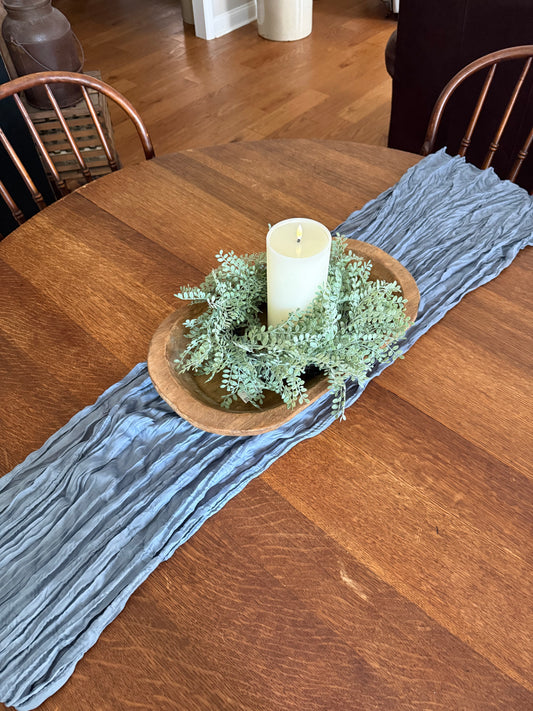 dusty blue table runner and dough bowl