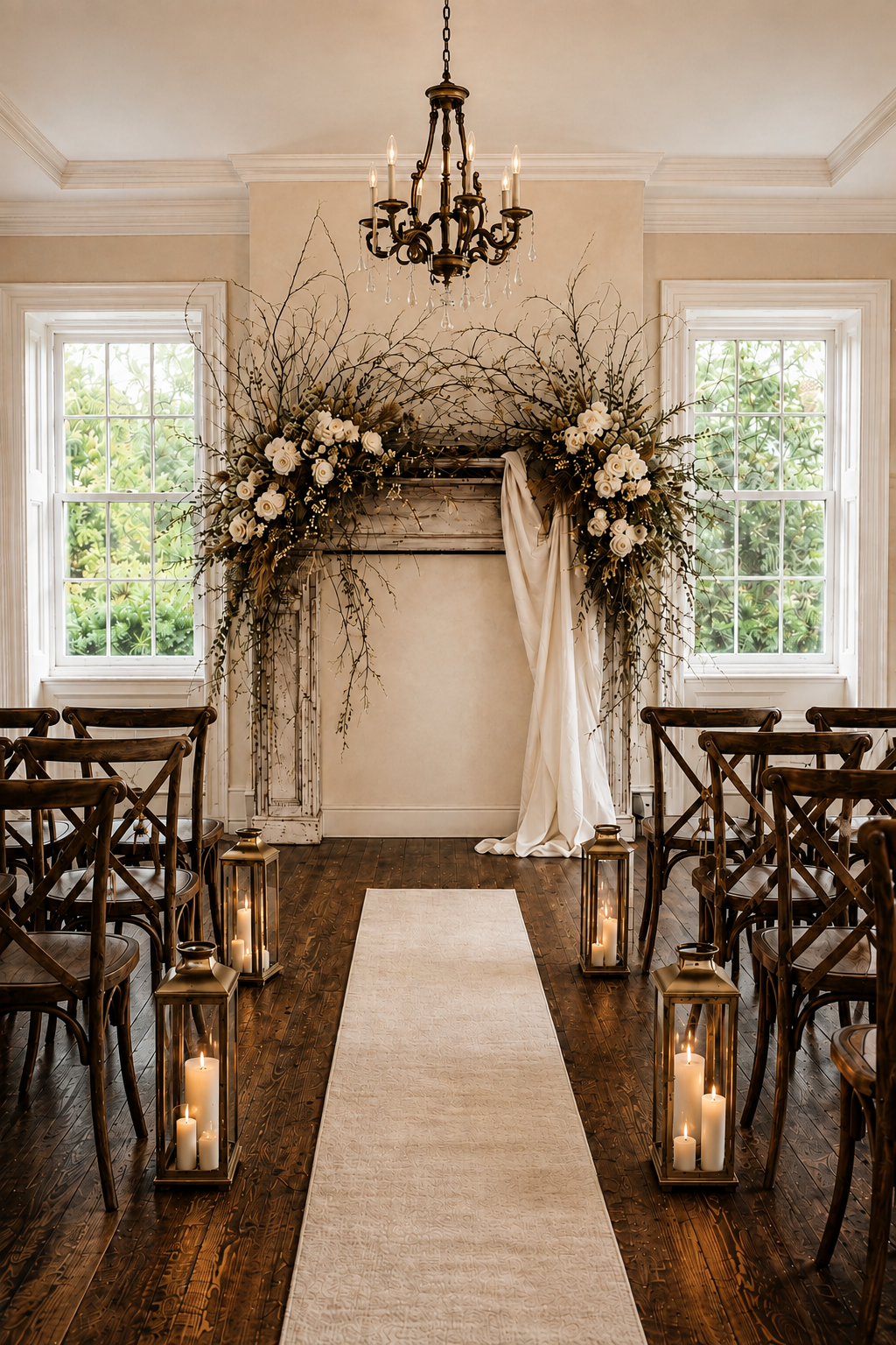 A rustic wedding chapel setup with a long aisle runner, wooden chairs, lanterns, and a floral arch with white flowers and greenery in front of a window.