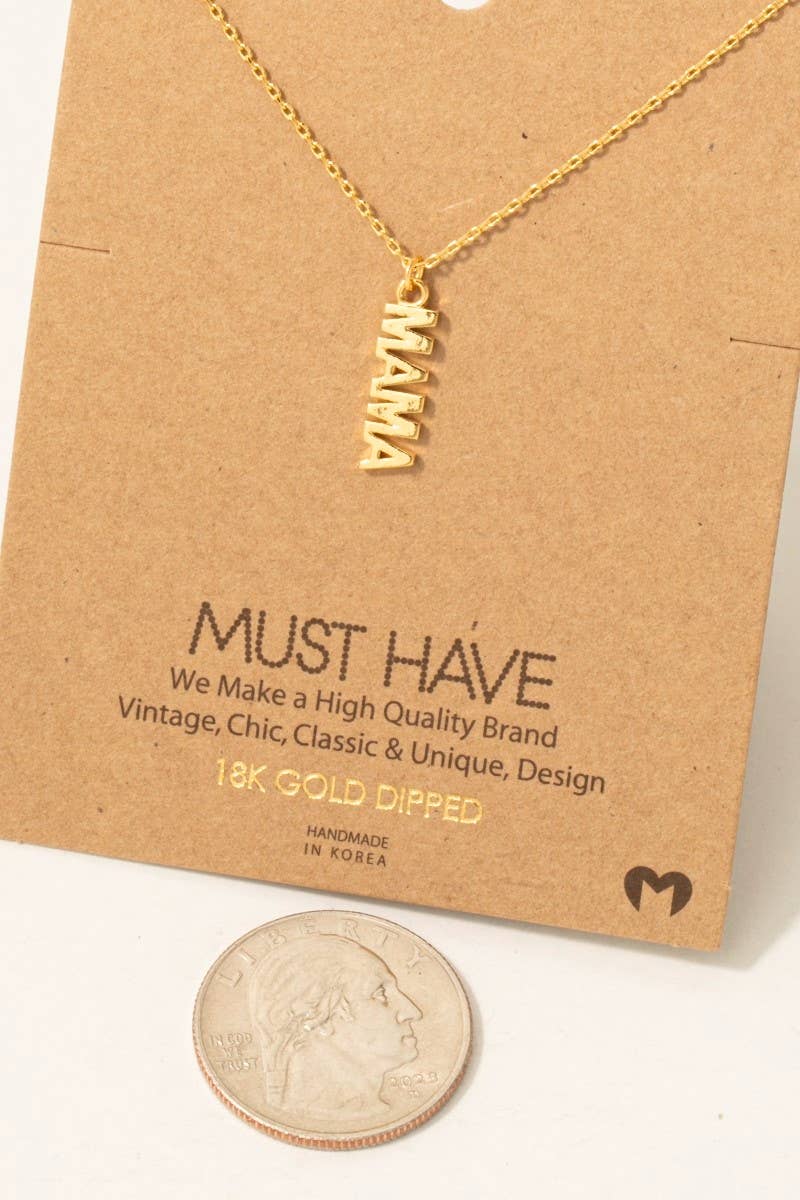 Gold Dipped Flat Mama Pendant Necklace - Gold