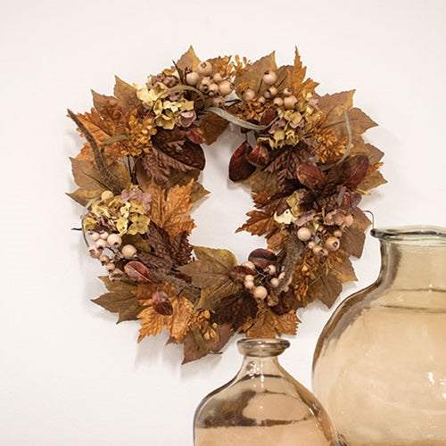 Garden Harvest fall wreath with gold leaves and ivory berries