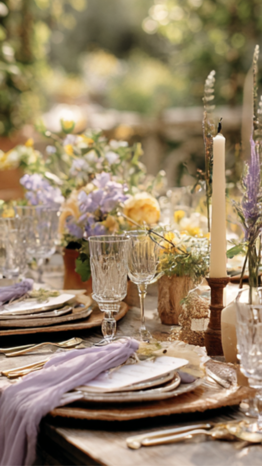 A styled outdoor table setting with layered gold and white plates, clear glassware, a lavender napkin, and floral centerpieces in soft yellow and lavender tones, with a blurred garden background.