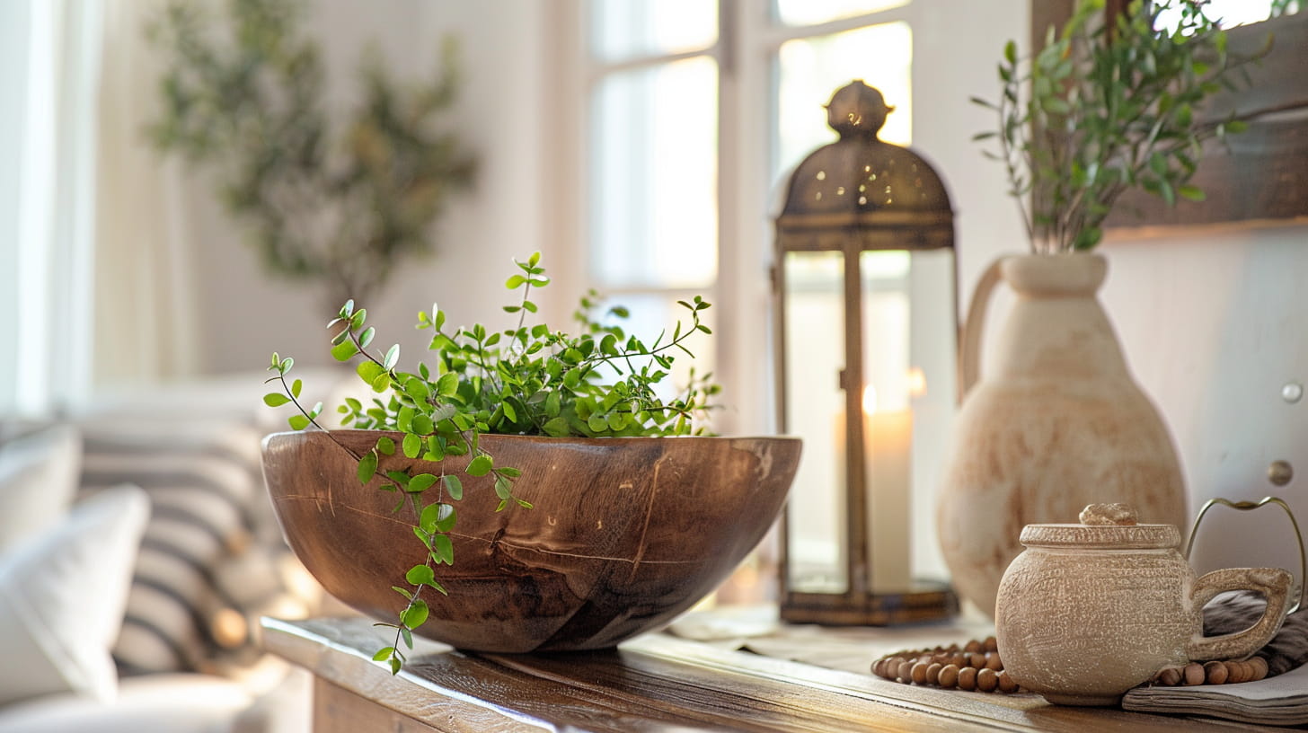 Decorative setting with a wooden bowl, plants, and candles on a table.