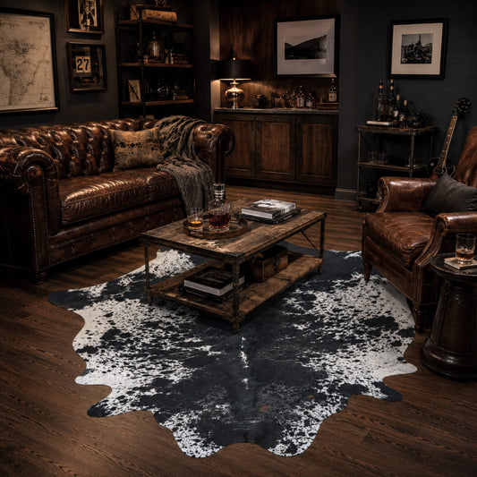 A rustic, dark-themed living room featuring a large black and white cowhide rug on a dark wood floor, styled with a brown leather Chesterfield sofa, matching armchair, and a wooden coffee table.