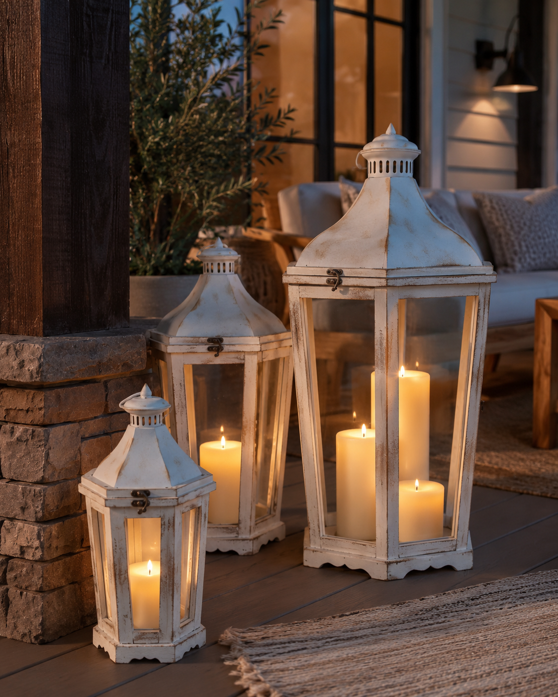 Decorative lanterns with candles on a patio