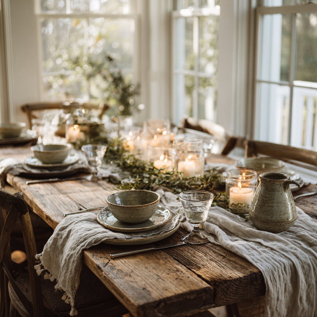 Decorative table setting with candles and rustic decor in a bright room.