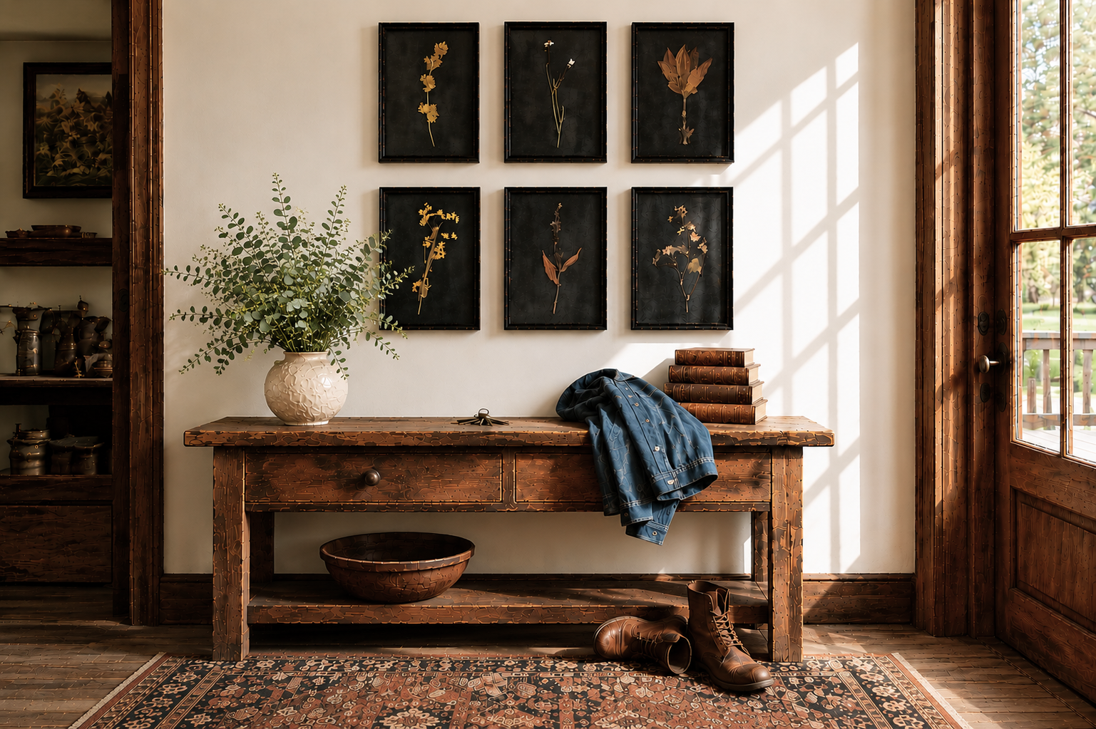 rustic entryway with botanical wall art a vase of greenery, keys and jacket laying on entryway console with natural light coming from wood pane door.