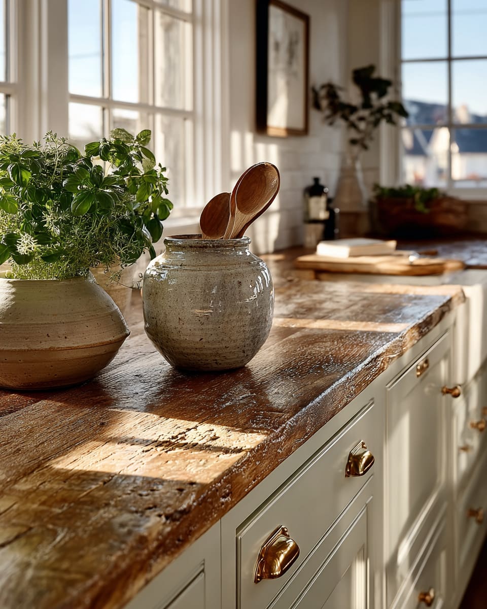 Modern Rustic Home - Kitchen counter with a ceramic jar containing wooden spoons, a plant, and a vase.