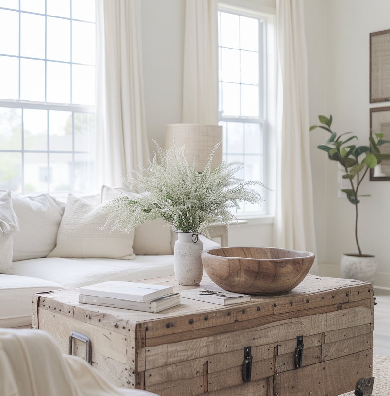 modern rustic living room with old wood trunk and home decor. Light and airy setting.
