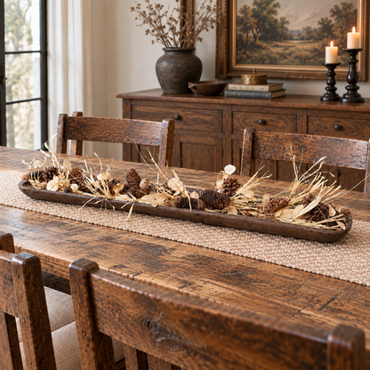 A rustic wooden serving tray filled with dried grasses, pinecones, and small decorative elements, displayed on a woven table runner in a dining room setting.