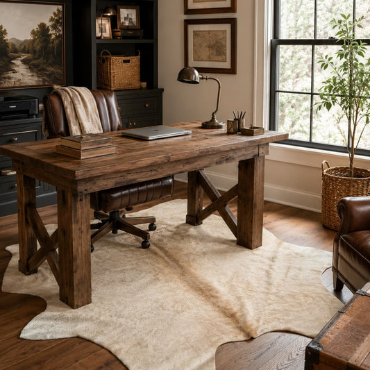 A rustic dark wood writing desk with a trestle base and thick legs, styled in a home office setting with a brown leather chair, a cowhide rug, and a large window.