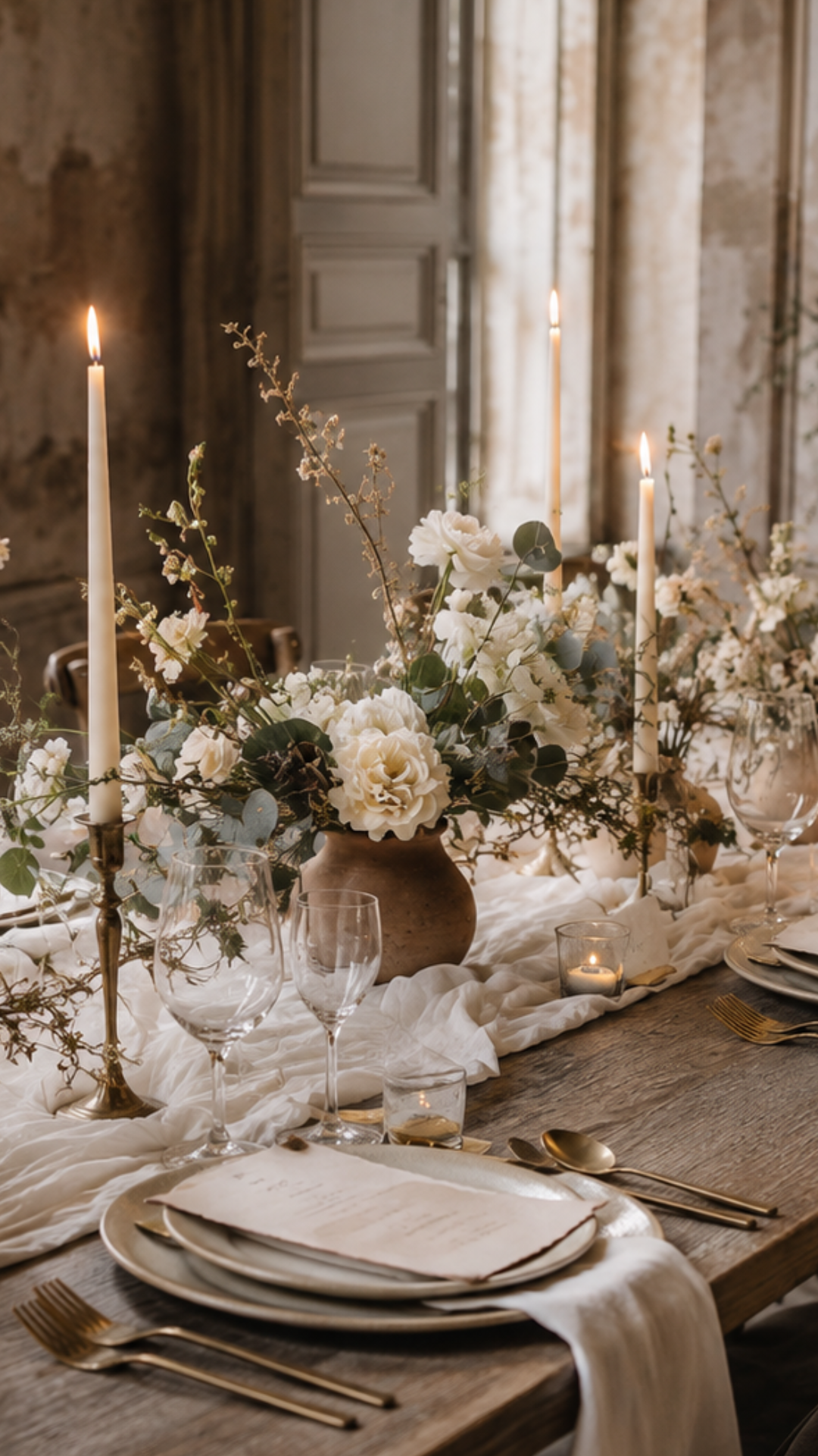 A rustic dining table styled for a wedding or event, featuring a long floral centerpiece with white and cream roses, green foliage, and tall lit taper candles in brass holders. The table is set with white plates, gold-toned cutlery, clear wine glasses, and a cream fabric runner in a warm, elegant room.