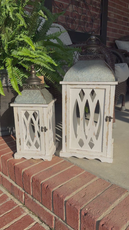 White Open Lanterns with Metal Top - Set of Two