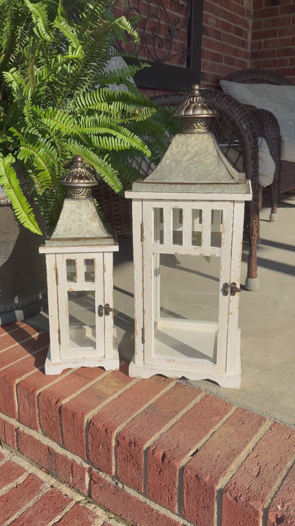 Modern Rustic White Distressed Lanterns - Set of Two