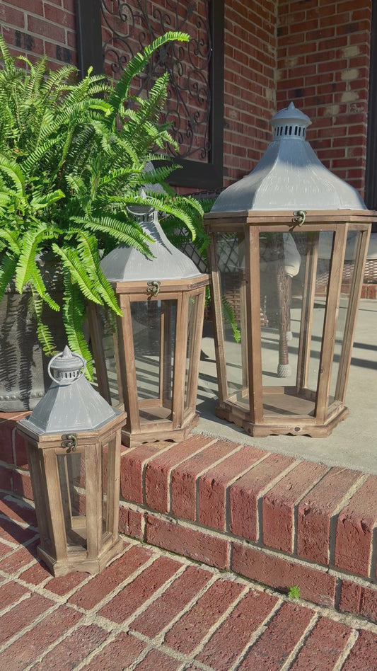 Large Rustic Natural Wood Lanterns - Set of Three