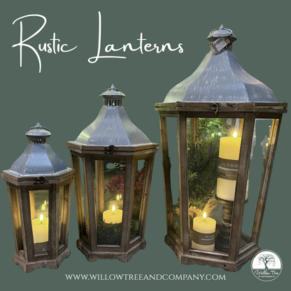 Large Rustic Natural Wood Lanterns - Set of Three