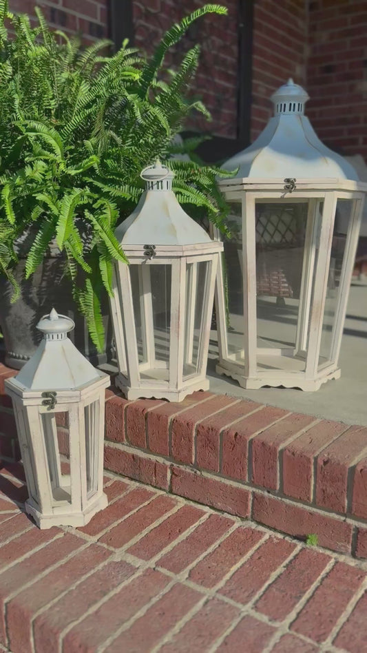 Large Rustic White Wood Lanterns - Set of Three