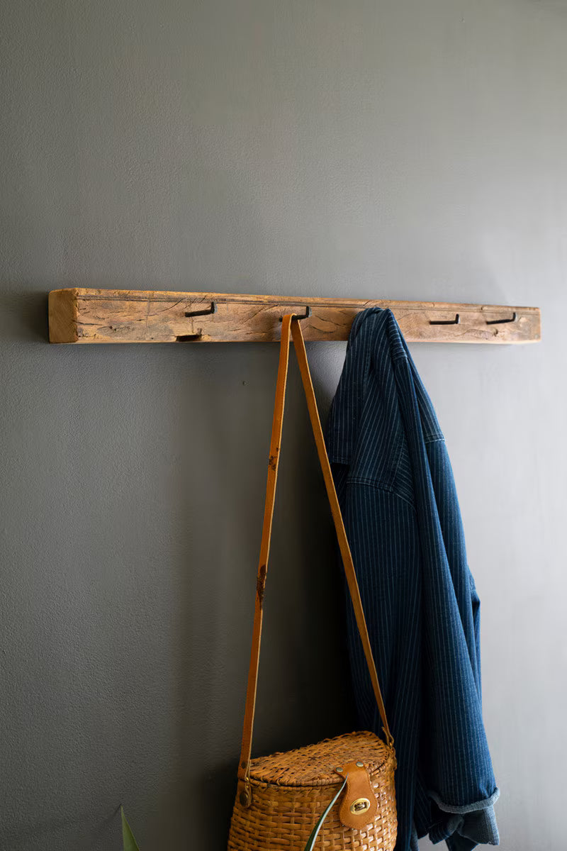 Recycled Wood Coat Rack with Forged Iron Hooks