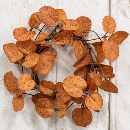 Fall candle ring with orange and red fabric leaves