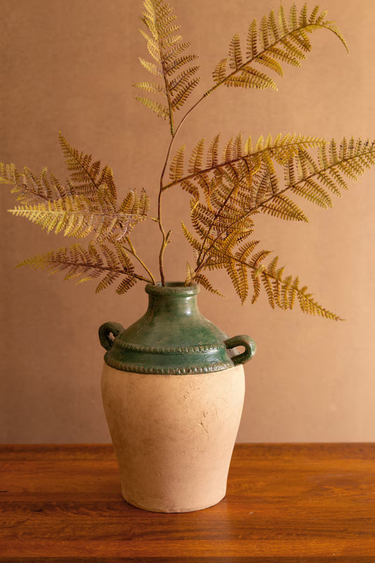Large Green and Terracotta Clay Urn With Two Handles