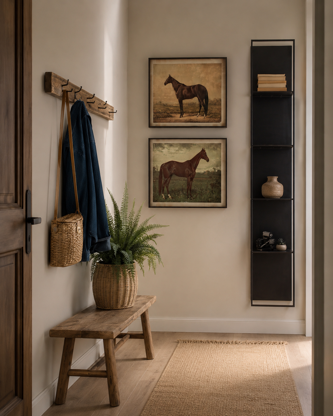 entryway with jute rug, wood bench, rustic coat rack, horse art and black shelf 