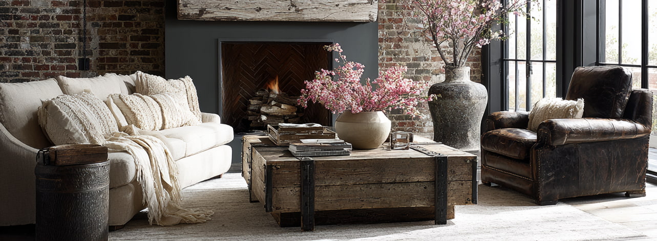 Cozy modern rustic living room with a fireplace, sofa, armchair, and decorative elements. Modern Rustic Home Decor