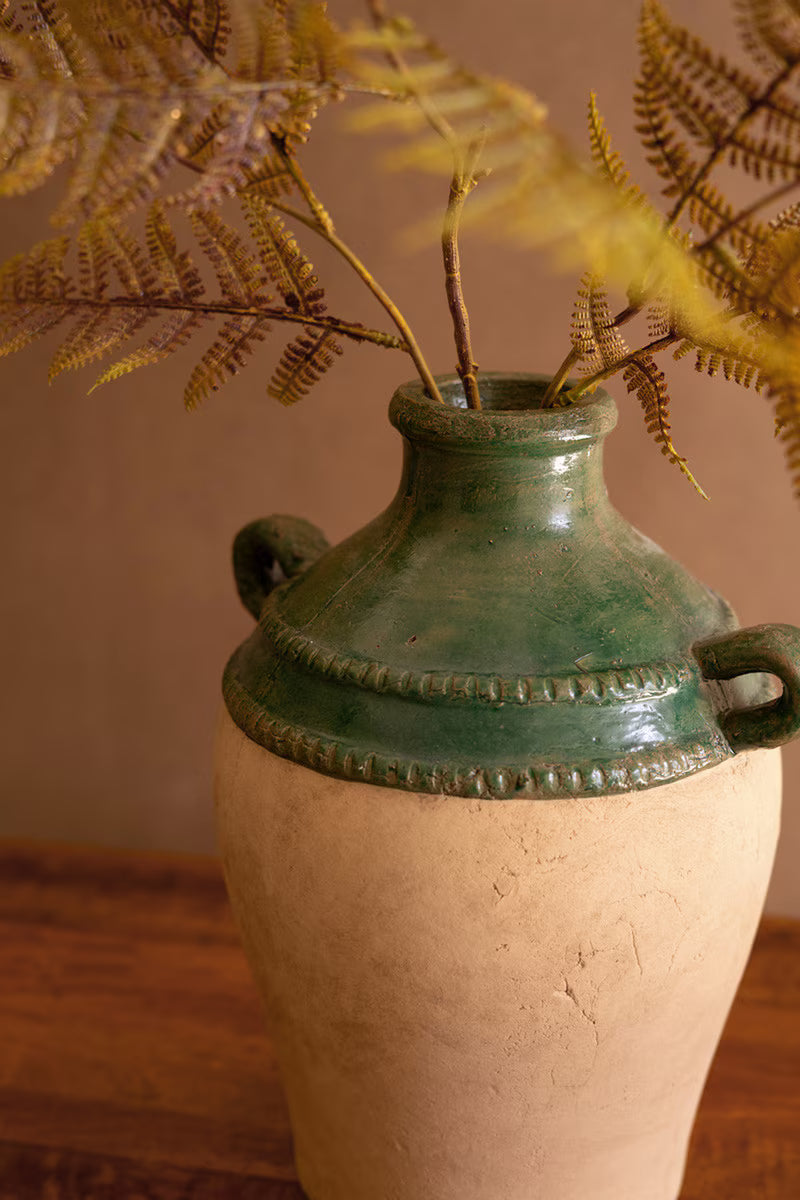 Large Green and Terracotta Clay Urn With Two Handles