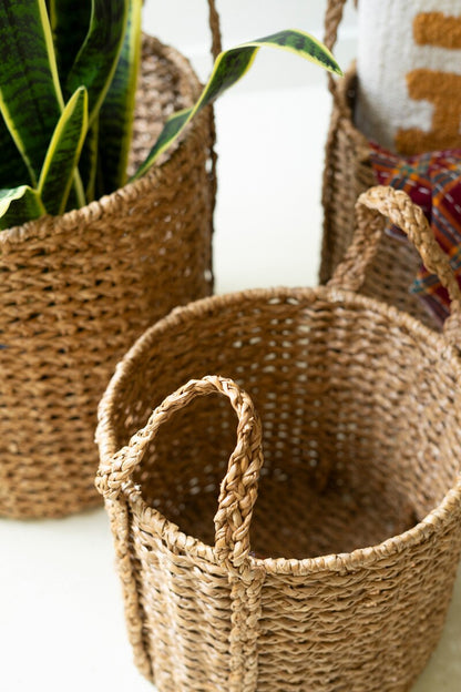 Round Braided Seagrass Storage Baskets with Handles - Set of 3