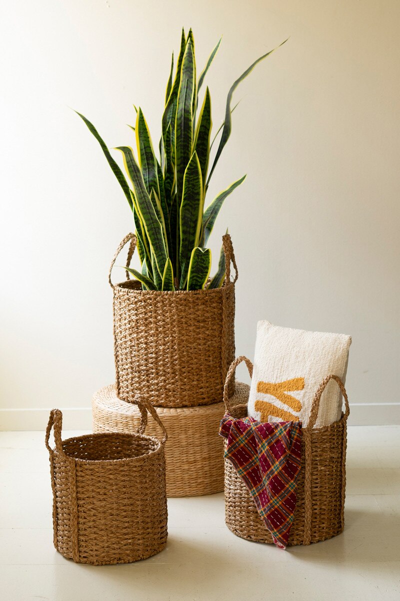 Round Braided Seagrass Storage Baskets with Handles - Set of 3