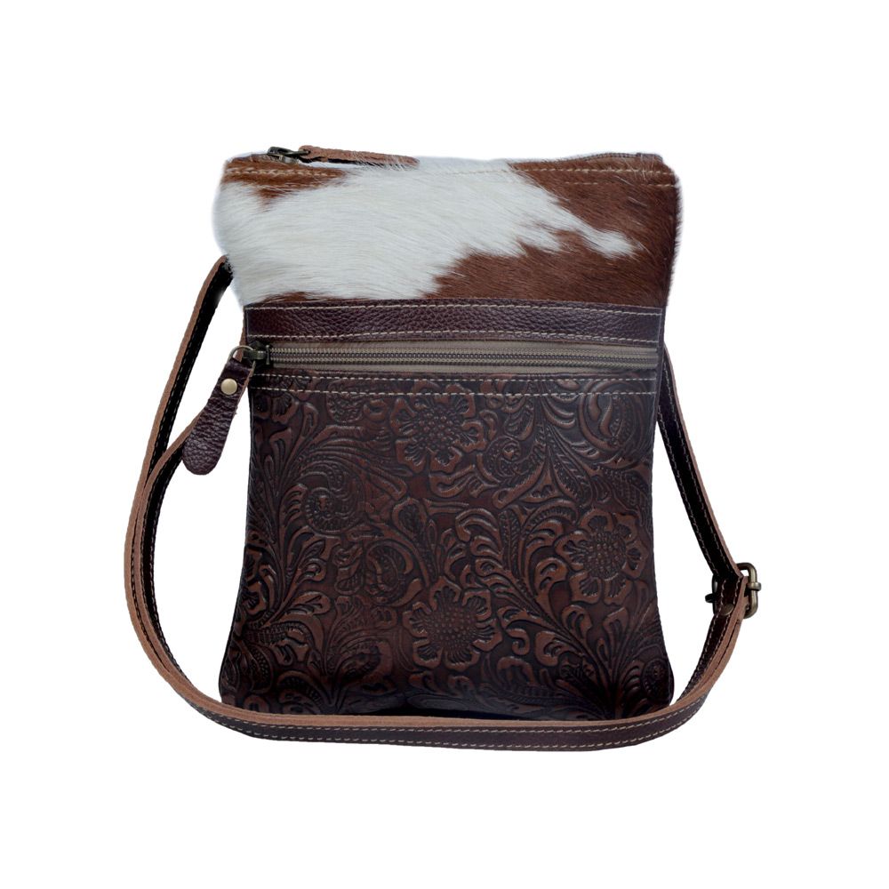 brown tooled leather hairon handbag myra bag cowhide purse leather purse  tangled vine leather and hairon bag