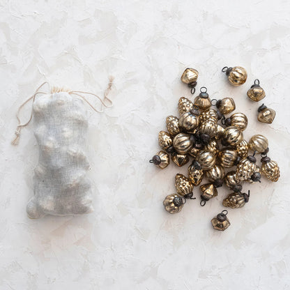 Mercury Glass Ornaments in Muslin Bag, Antique Gold Finish, Set of 36