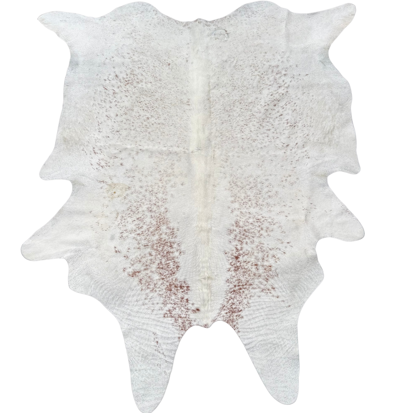 White cowhide rug with brown patches on a white background