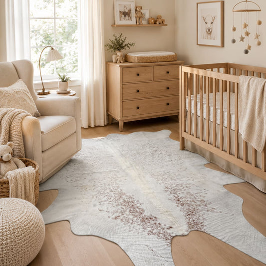 A large white cowhide-style area rug with brown speckled patches and a natural irregular border, shown in a softly lit nursery beside a wooden crib, dresser, armchair, and window.