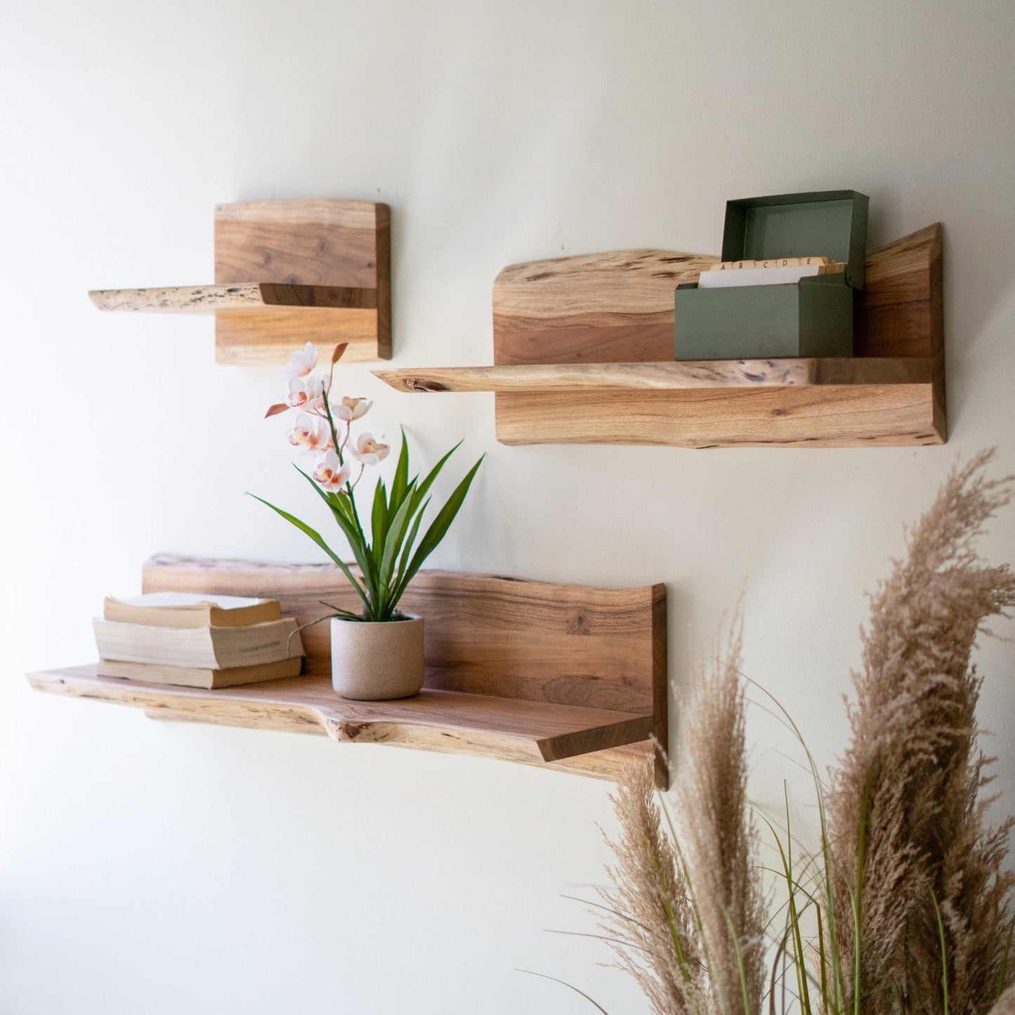 Acacia Wood Floating Shelves - Set of 3