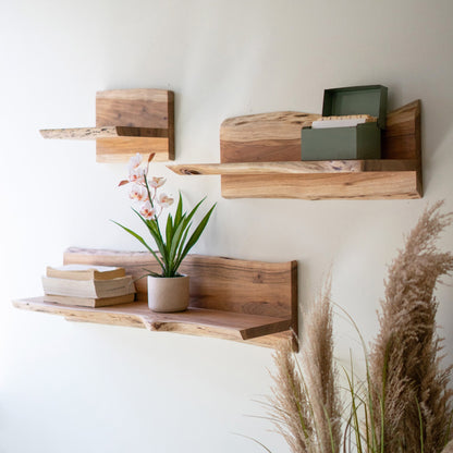 Acacia Wood Floating Shelves - Set of 3