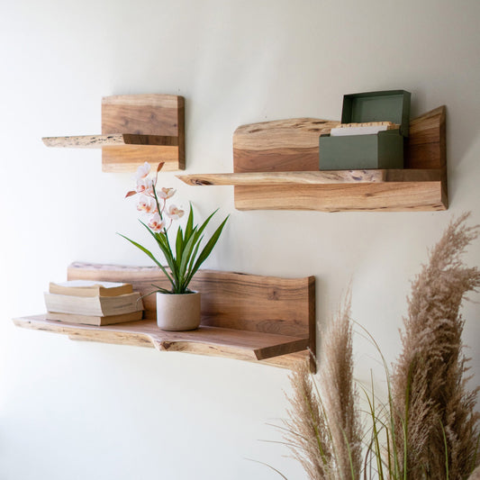 Acacia Wood Floating Shelves - Set of 3